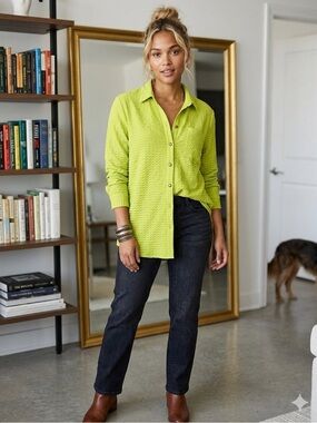 Como Blu Women’s Small Lime Green Button Up Tunic Top Textured Knit Shirt S
